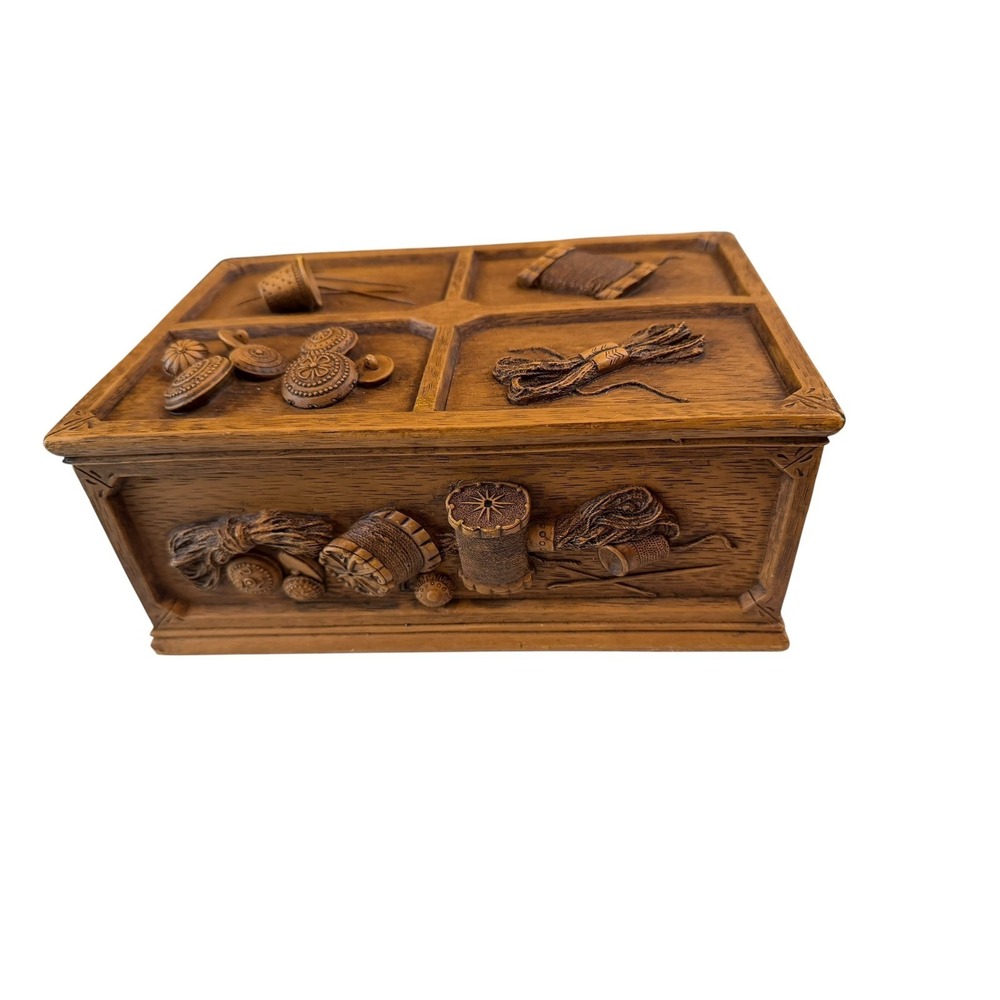 Vintage Wasa Resin Sewing Box Faux Wood Relief Carved Notions Organizer Chest